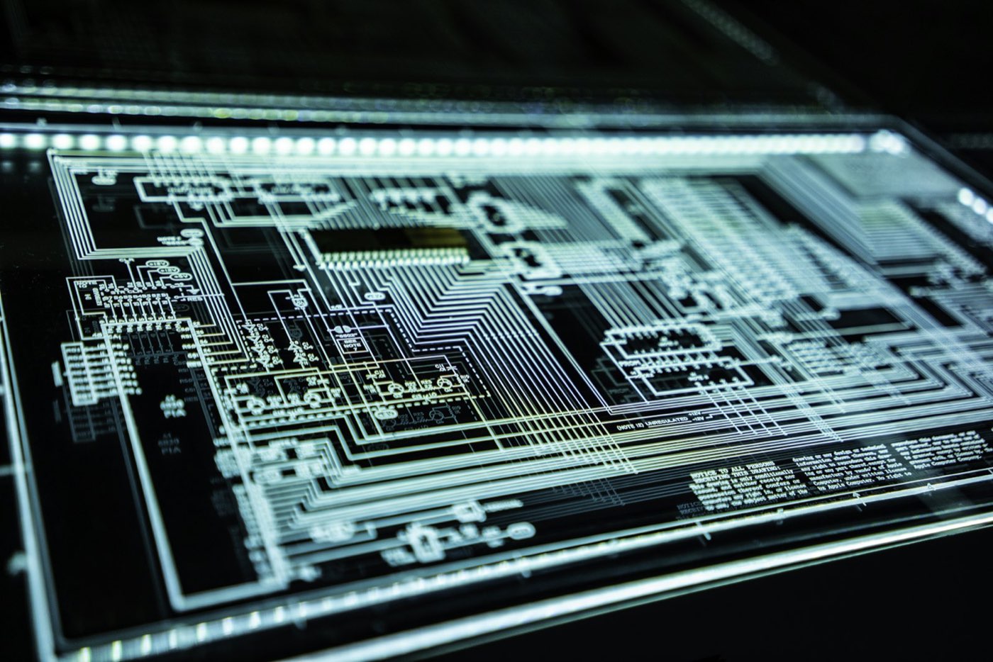 Close-up detail of circuit board traces on computing hardware